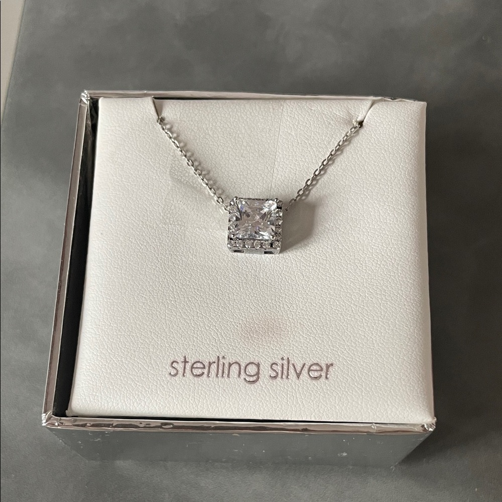 Sterling Silver Square Halo Pendant Necklace - Clear CZ
